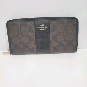 Coach Leather Wallet Black Brown Zip Around Large Clutch Crossgrain Classic Fair